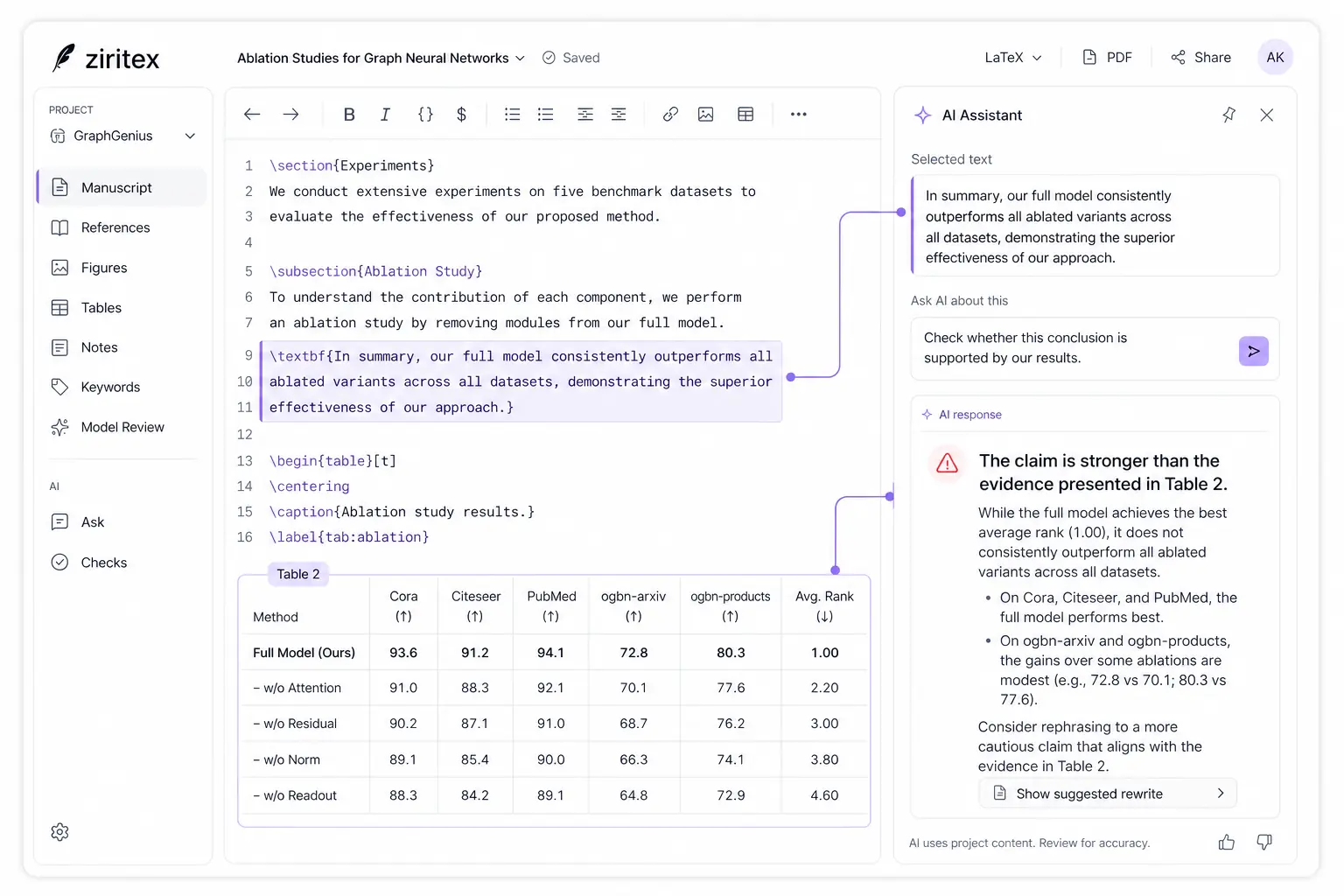The Ziritex editor with an AI assistant panel that checks a claim against a results table